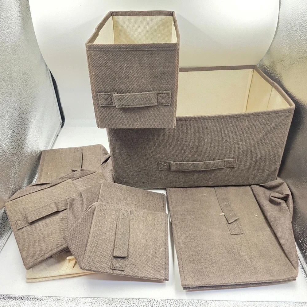 Brown Fabric Collapsible Storage Bins Set with Handles Woven Closet Organizers